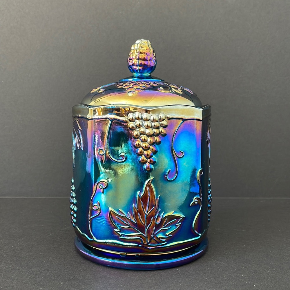 Vintage Indiana Glass Carnival Glass Lidded Dish with a Harvest Grape Pattern